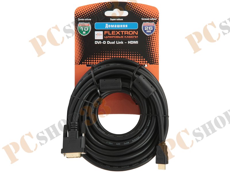 Кабель-переходник DVI-D Dual Link<->HDMI Flextron Домашний CHD-HOM-10.0-01-K медь 26AWG, позолоченные контакты, с ферритовыми кольцами (картон) (10м)