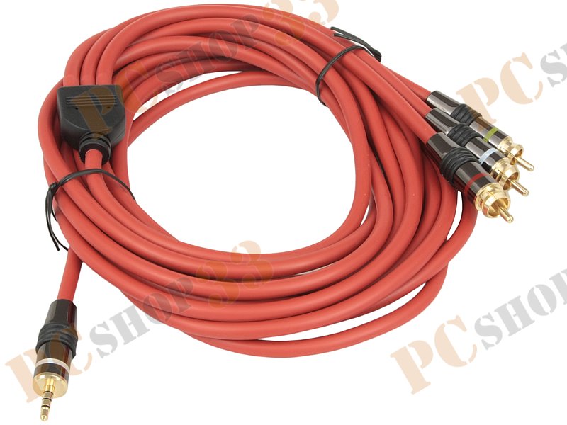 Кабель-переходник аудио-видео 3.5мм->3xRCA Flextron CAV-J3R-HER-5.0-01-P2, позолоченные контакты (5.0м), красный