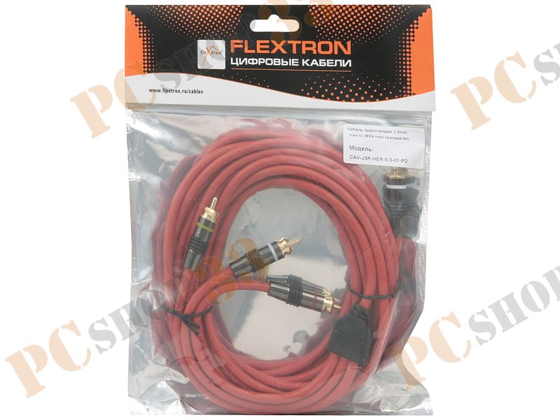 Кабель-переходник аудио-видео 3.5мм->3xRCA Flextron CAV-J3R-HER-5.0-01-P2, позолоченные контакты (5.0м), красный