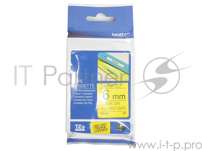 Наклейка ламинированная Brother TZe-611 (6 мм черн/желт, TZ-611)