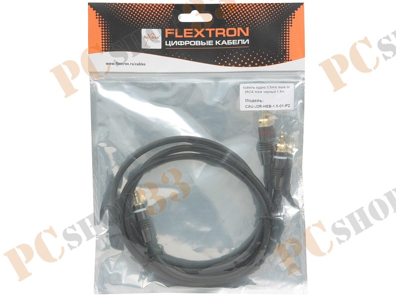 Кабель-переходник аудио 3.5мм стерео->2xRCA Flextron CAU-J2R-HEB-1.5-01-P2, позолоченные контакты (1.5м)