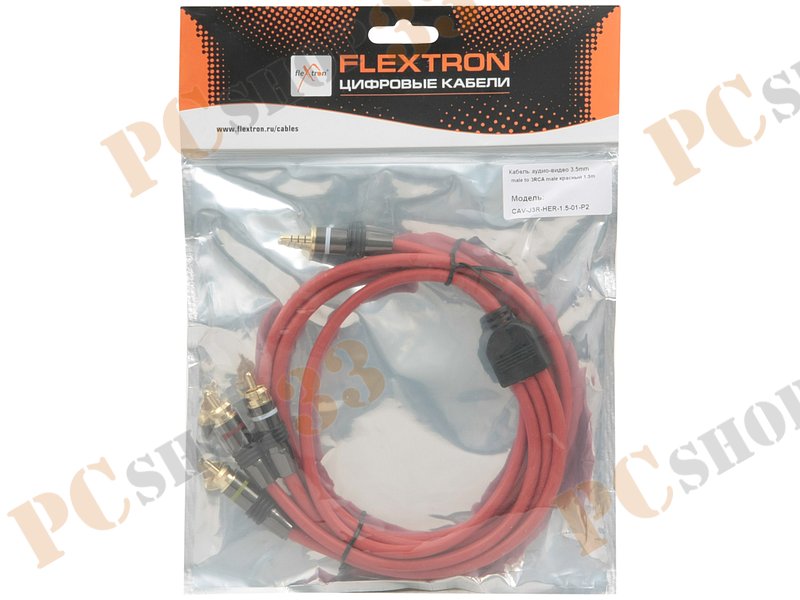 Кабель-переходник аудио-видео 3.5мм->3xRCA Flextron CAV-J3R-HER-1.5-01-P2, позолоченные контакты (1.5м), красный