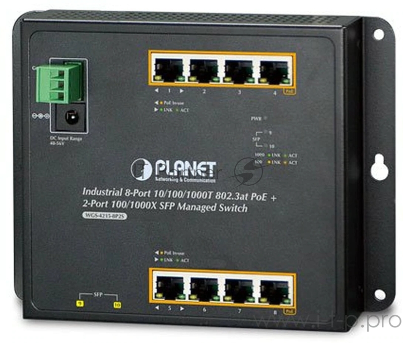 Индустриальный коммутатор Planet IP30, IPv6/IPv4, 8-Port 1000TP + 2-Port 100/1000F SFP Wall-mount Managed Ethernet Switch (-40 to 75 C), dual redundant power input on 12-48VDC / 24VAC terminal block and power jack, SNMPv3, 802.1Q VLAN, IGMP Snooping,