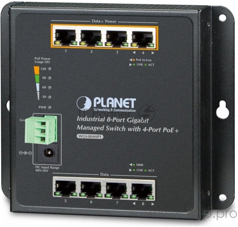 Индустриальный коммутатор Planet IP30, IPv6/IPv4, 8-Port 1000TP Wall-mount Managed Ethernet Switch with 4-Port 802.3AT POE+ (-40 to 75 C), dual redundant power input on 48-56VDC terminal block and power jack, SNMPv3, 802.1Q VLAN, IGMP Snooping, SSL,