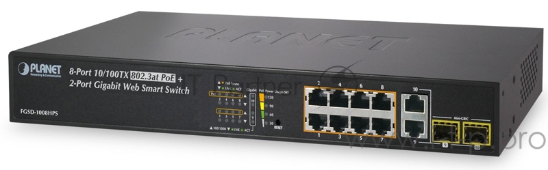 Управляемый коммутатор Planet 8-Port 10/100TX 802.3at High Power POE + 2-Port Gigabit TP/SFP Combo Managed Ethernet Switch (120W)