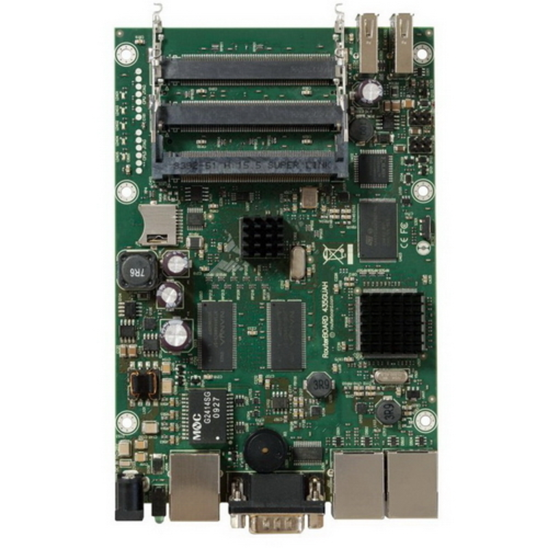 Плата маршрутизатора RB435G без корпуса RouterBOARD 435G with 680MHz Atheros CPU, 256MB RAM, 3 Gigabit LAN, 5 miniPCI, RouterOS L5, 2 USB ports {20}