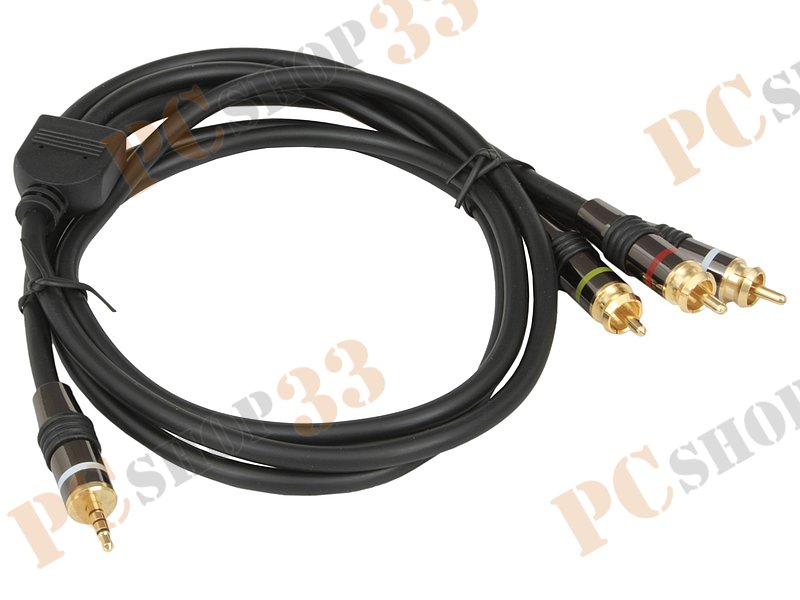 Кабель-переходник аудио-видео 3.5мм->3xRCA Flextron CAV-J3R-HEB-1.5-01-P2, позолоченные контакты (1.5м), черный