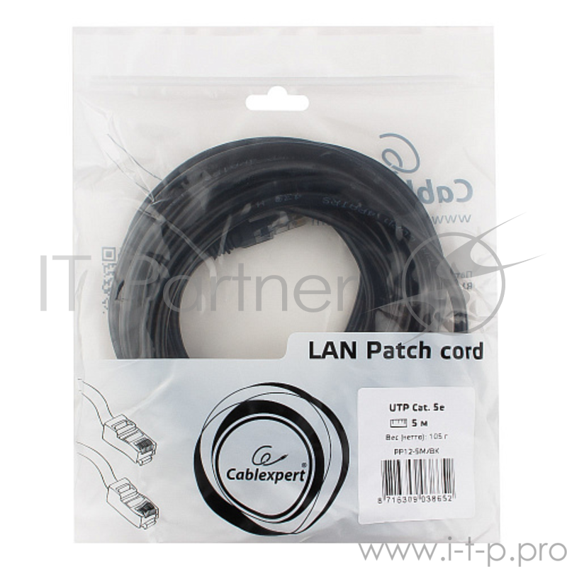 Патч-корд UTP Gembird кат.5e, 5м, литой, многожильный (черный)