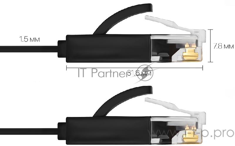Патч-корд Greenconnect плоский прямой PROF 2.0m UTP медь, кат.6, черный, позолоченные контакты, 30 AWG, Premium ethernet high speed 10 Гбит/с, RJ45, T568B (GCR-LNC616-2.0m)