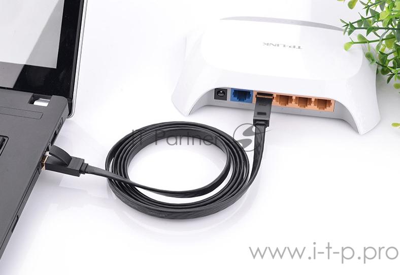 Патч-корд Greenconnect плоский прямой PROF 1.5m UTP медь, кат.6, черный, позолоченные контакты, 30 AWG, Premium ethernet high speed 10 Гбит/с, RJ45, T568B (GCR-LNC616-1.5m)