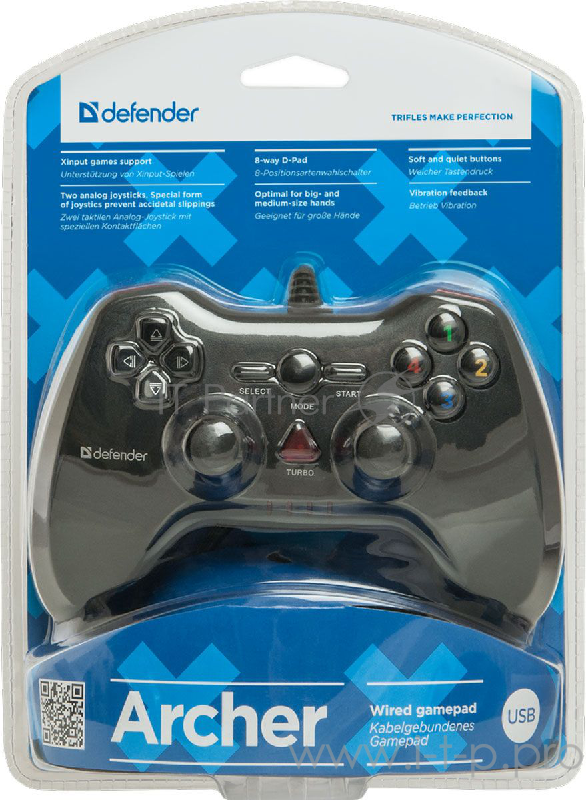 Геймпад DEFENDER Archer USB-PS2/3, Проводной геймпад, 12 кнопок, 2 стика 64248