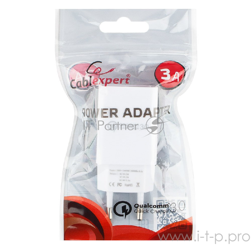 Адаптер питания Cablexpert MP3A-PC-16, QC 3.0, 100/220V - 1 USB порт 5/9/12V, белый