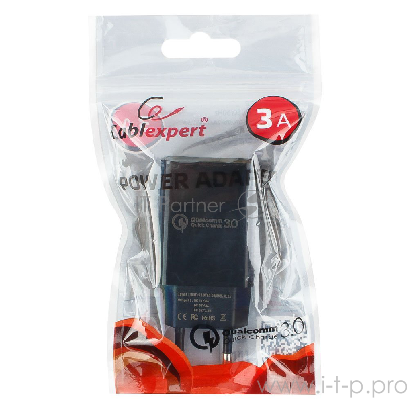 Адаптер питания Cablexpert MP3A-PC-17, QC 3.0, 100/220V - 1 USB порт 5/9/12V, черный