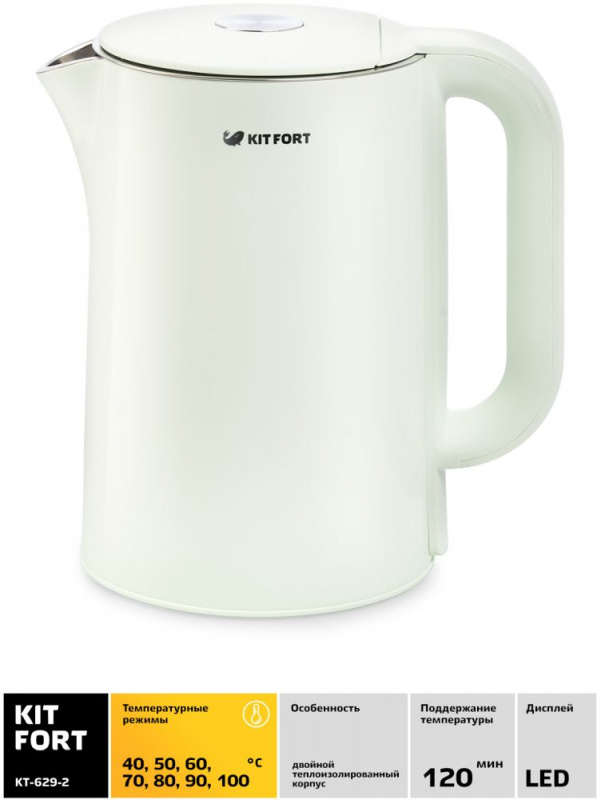 Чайник электрический Kitfort КТ-629-2 1.5л. 1800Вт мятный/серебристый (корпус: нержавеющая сталь/пла