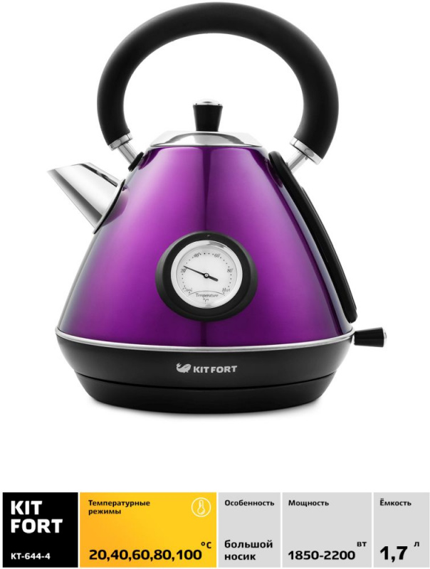 Чайник электрический Kitfort КТ-644-4 1.7л. 2200Вт фиолетовый/черный (корпус: нержавеющая сталь)