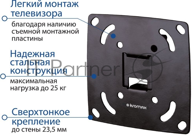 Крепеж Kromax OPTIMA-100 black {Кронштейн для LED/LCD телевизоров 10-28, max 25 кг, настенный, 0 ст свободы, 23.5 мм, max VESA 100x100 мм}