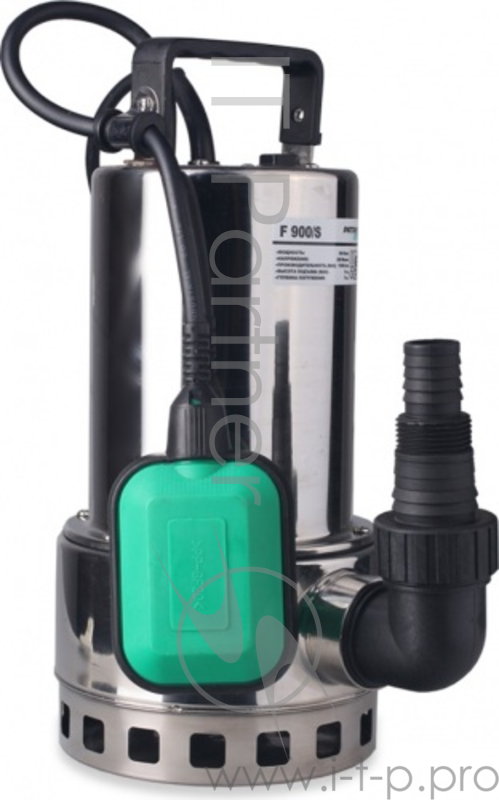 Насосы бытовые Насос дренажный PATRIOT F 900/S () 315302413 {Мощн. - 900 Вт, напр. - 220 В, макс.производит. - 15000 л/час, макс. глуб. погруж. - 5 м., макс. выс.подъема- 9 м., корпус - нержавеющая сталь.}