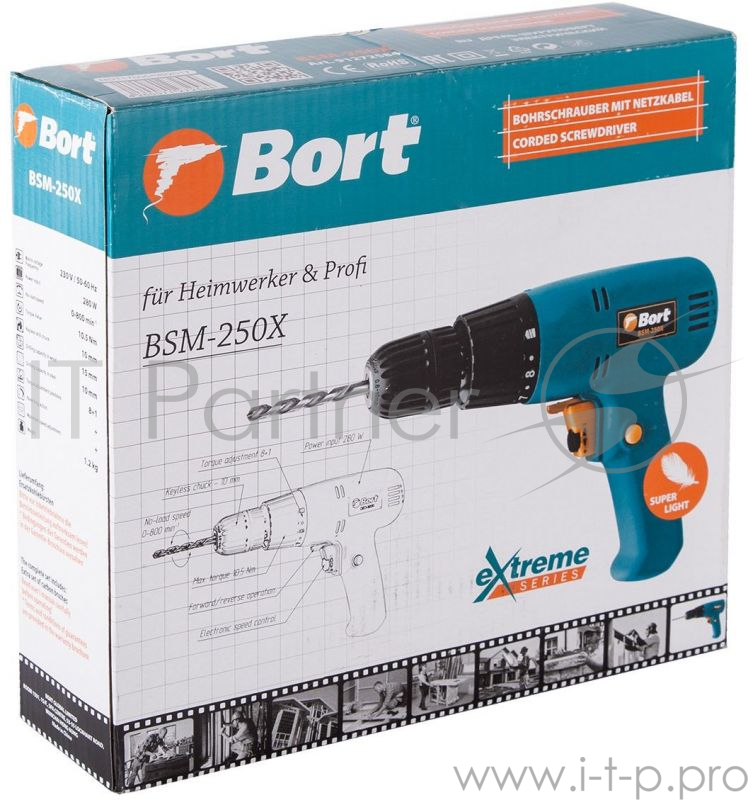 Дрели, Шуруповерты, Гайковерты, Миксеры Bort BSM-250X Дрель-шуруповерт электрический 91272584 { 280 Вт, 800 Об/мин, БЗП, 1.2 кг, дополнительный комплект щеток }
