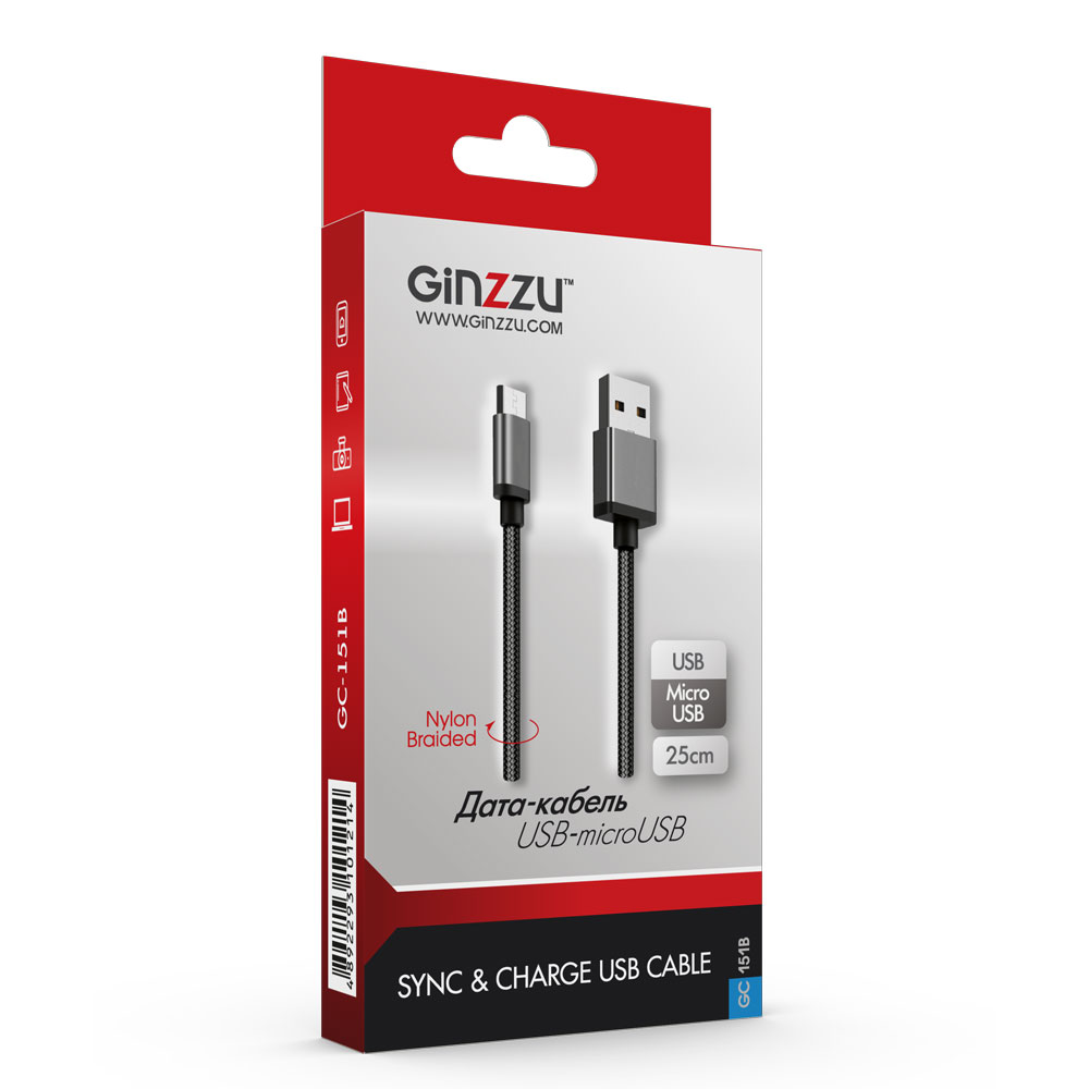 Кабель USB2.0 соединительный USB A-microB Ginzzu GC-151B (0.15м)