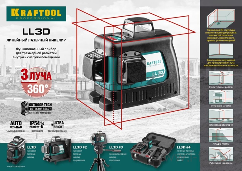 Уровни лазерные KRAFTOOL 34640-2 ''ll-3d-2'' 360 градусов 20м / 70м детектор