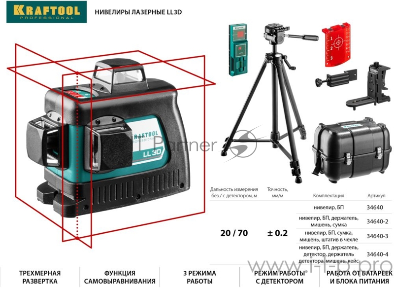 Уровни лазерные KRAFTOOL 34640-2 ''ll-3d-2'' 360 градусов 20м / 70м детектор