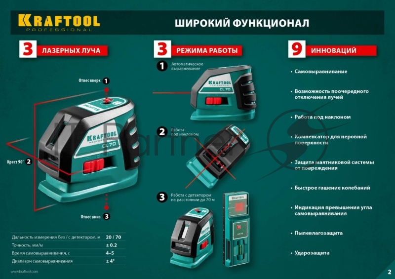 Уровни лазерные KRAFTOOL 34660 линейный ''cl-70'' 20м / 70м детектор
