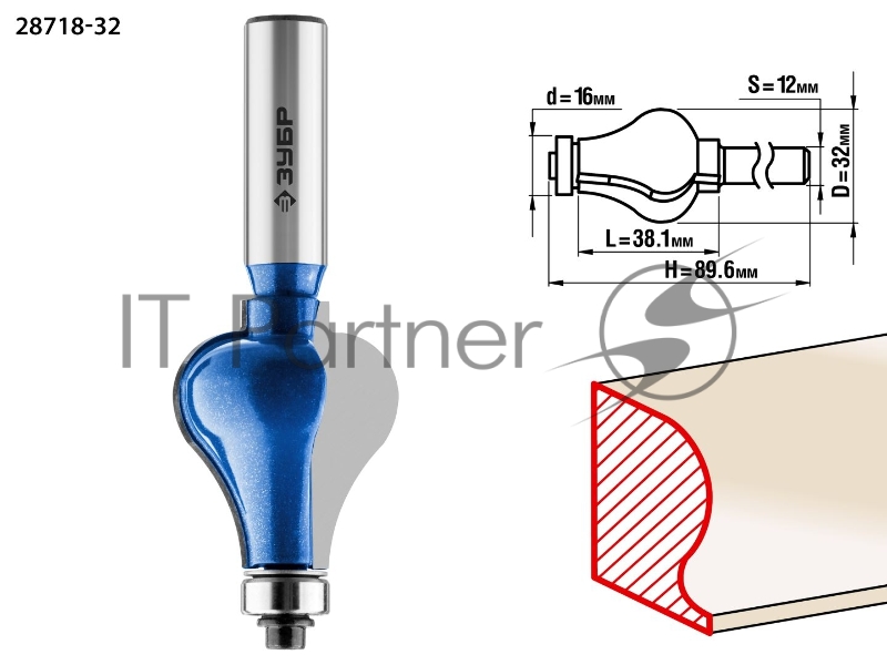Фреза ЗУБР 28718-32 кромочная фигурная №7 d= 32мм рабочая длина-38.1мм хв.-12мм d-16мм профессиона