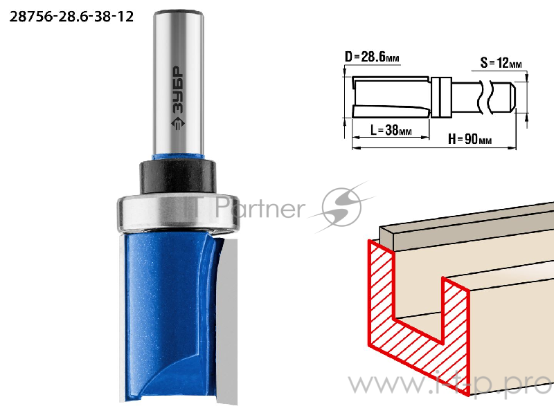 Фреза ЗУБР 28756-28.6-38-12 пазовая прямая с верхним подшипн. d= 28.6мм дл.-38мм хв.-12мм d-28.6мм