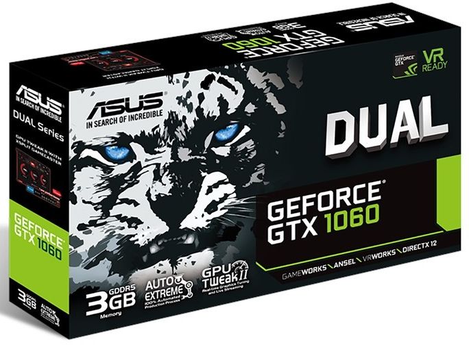 Видеокарта Asus GTX1060 DUAL OC 3Gb GDDR5 192bit DPx2, DVI-D, HDMI (DUAL-GTX1060-3G) RTL