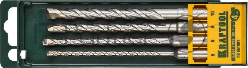 Бур Набор KRAFTOOL Буры по бетону, камню, кирпичу, SDS-Plus, твердоспл. пластина с центр. острием, спираль 4+, в боксе, 4шт 29320-H4