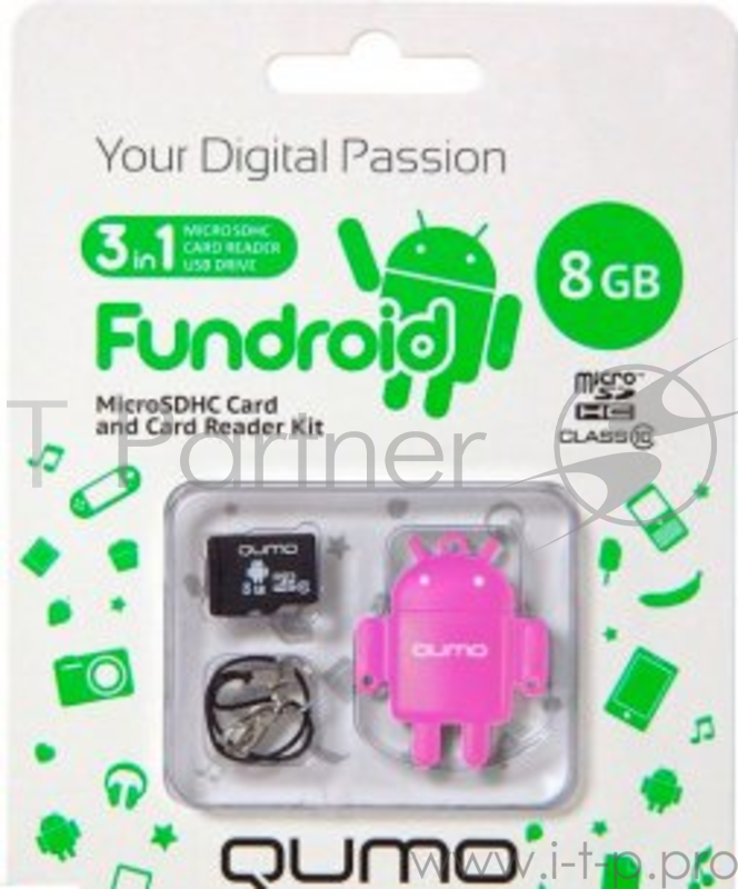 Комплект QUMO для мобильных устройств MicroSD 8GB CL 10 + USB картридер FUNDROID розовый