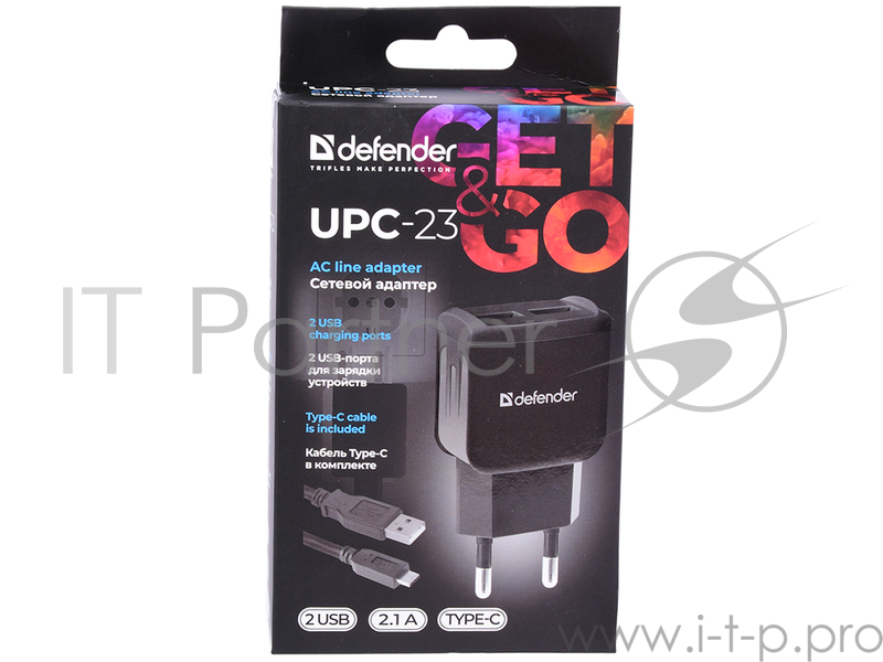 Сетевой адаптер Defender 2xUSB,5V/2.1А кабель Type-C , (UPC-23) (83583)
