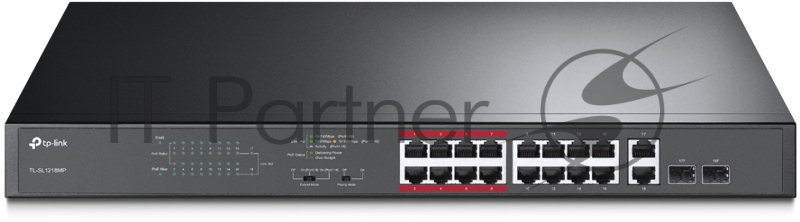 Коммутатор TP-LINK TL-SL1218MP Неуправляемый коммутатор PoE на 16 портов 10/100 Мбит/с и 2 гигабитных порта