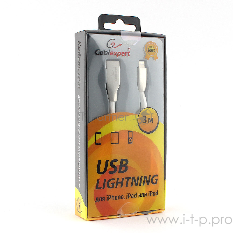 Кабель Cablexpert для Apple CC-G-APUSB01W-3M, AM/Lightning, серия Gold, длина 3м, белый, блистер