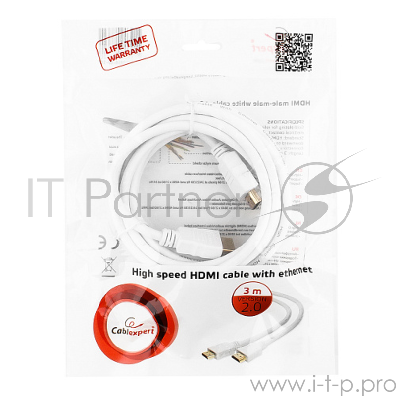 Кабель HDMI Gembird/Cablexpert , 3м, v1.4, 19M/19M, белый, позол.разъемы, экран, пакет(CC-HDMI4-W-10)