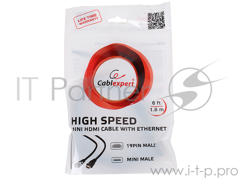 Кабель HDMI-miniHDMI Gembird/Cablexpert , v1.4, 19M/19M, 1.8м, 3D, Ethernet, черный, позол.разъемы, экран, пакет(CC-HDMI4C-6)