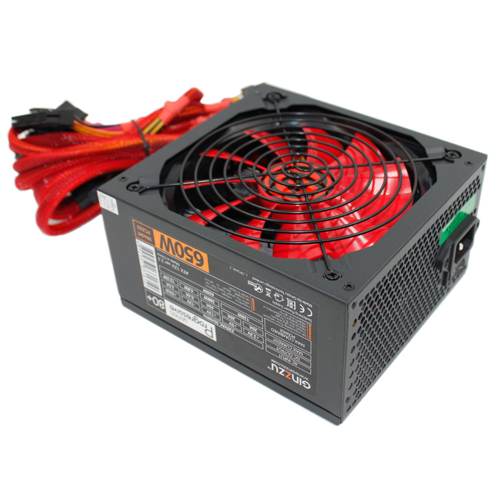 Блок питания Ginzzu PC650 14CM(Red) 80+ black,APFC,24+4p,2 PCI-E(6+2), 5*SATA, 4*IDE,оплетка, кабель питания,цветная коробка