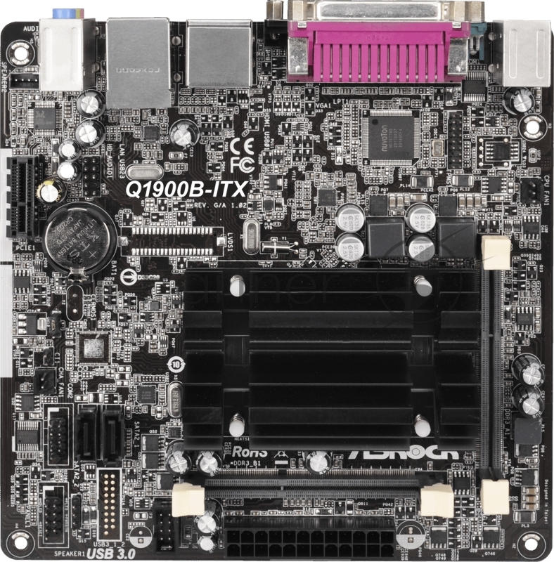Материнская плата Asrock Q1900B-ITX + Celeron J1900 2xDDR3 SO-DIMM, Intel HD Graphics, 5.1CH, 1000 Мбит/с, USB3.0, D-Sub, HDMI, COM, LPT, Mini-ITX RTL