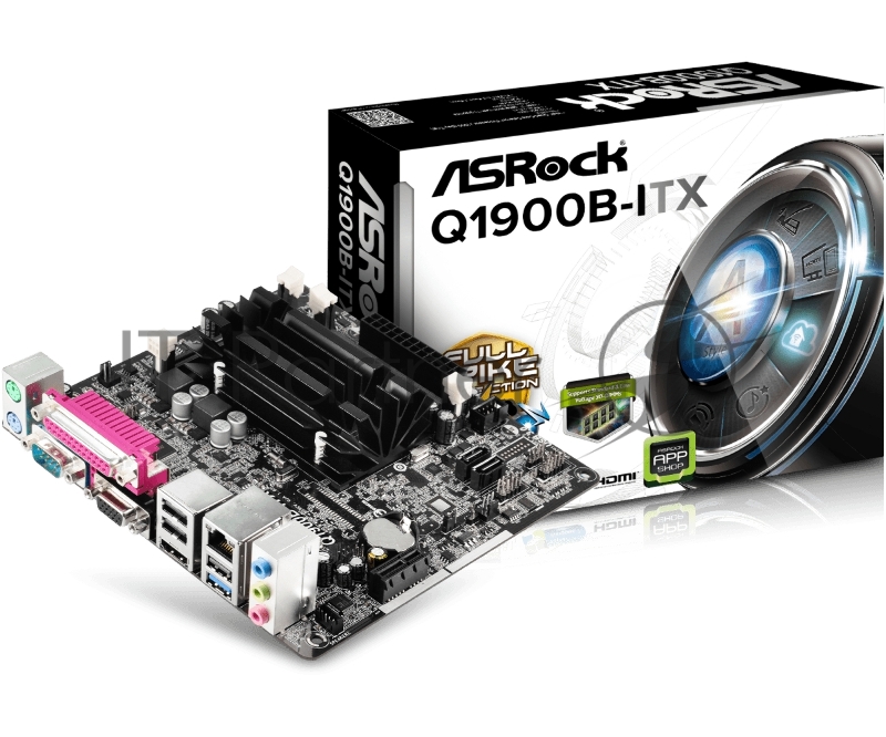 Материнская плата Asrock Q1900B-ITX + Celeron J1900 2xDDR3 SO-DIMM, Intel HD Graphics, 5.1CH, 1000 Мбит/с, USB3.0, D-Sub, HDMI, COM, LPT, Mini-ITX RTL