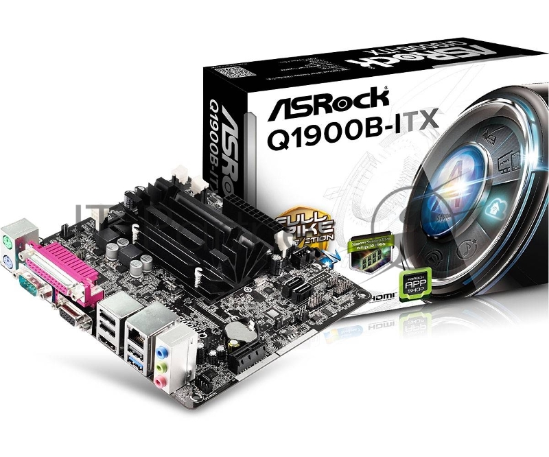Материнская плата Asrock Q1900B-ITX + Celeron J1900 2xDDR3 SO-DIMM, Intel HD Graphics, 5.1CH, 1000 Мбит/с, USB3.0, D-Sub, HDMI, COM, LPT, Mini-ITX RTL