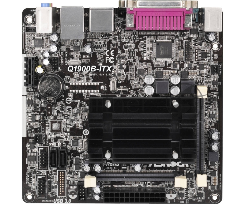 Материнская плата Asrock Q1900B-ITX + Celeron J1900 2xDDR3 SO-DIMM, Intel HD Graphics, 5.1CH, 1000 Мбит/с, USB3.0, D-Sub, HDMI, COM, LPT, Mini-ITX RTL