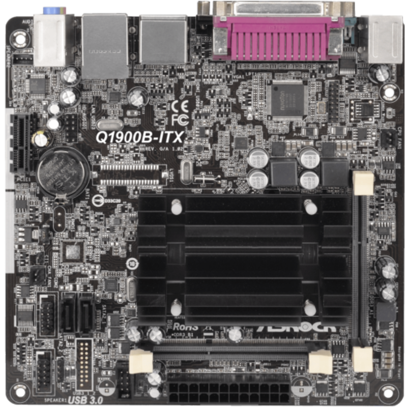 Материнская плата Asrock Q1900B-ITX + Celeron J1900 2xDDR3 SO-DIMM, Intel HD Graphics, 5.1CH, 1000 Мбит/с, USB3.0, D-Sub, HDMI, COM, LPT, Mini-ITX RTL