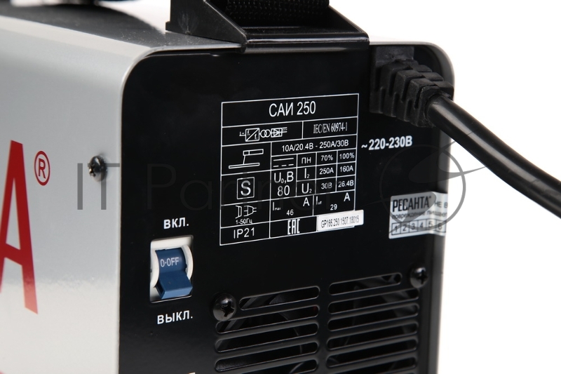 Ресанта Сварочное оборудование, Инверторы Ресанта САИ 250 65/23 Сварочный аппарат инверторный в кейсе 65/23 {154В-242В, макс.7,7кВт, 10А-250А, ПВ 70%, напр. холостого хода 80В, напр. 29В, макс. диаметр электрода 6,мм, 5 кг}