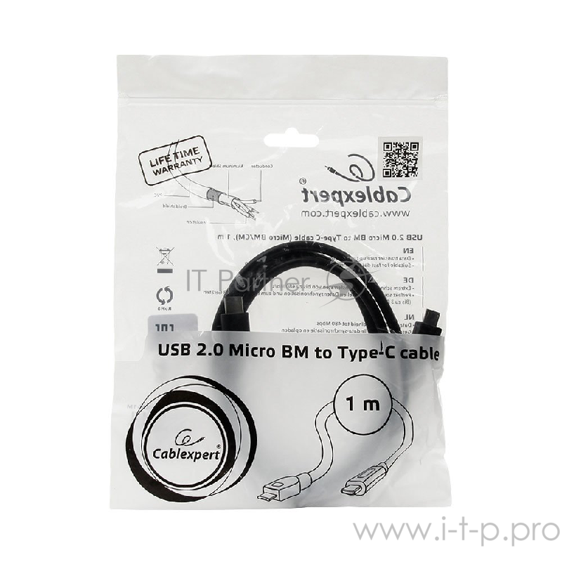 Кабель USB2.0 соединительный USB microB-C Gembird Cablexpert CCP-USB2-mBMCM-1M (1.0м)