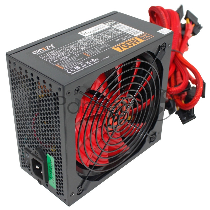 Блок питания Ginzzu PC700 14CM(Red) 80+ black,APFC,24+4p,2 PCI-E(6+2), 7*SATA, 4*IDE,оплетка, кабель питания,цветная коробка