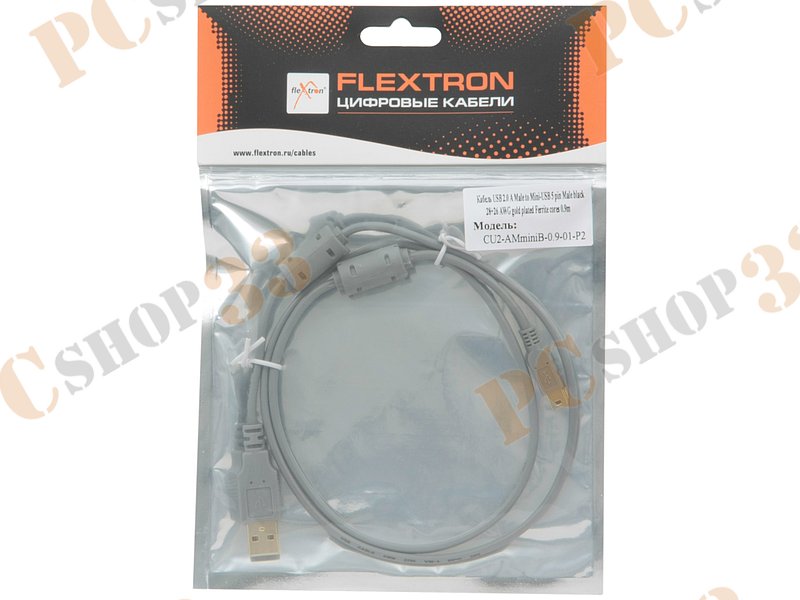 Кабель USB2.0 соединительный USB A-miniB Flextron CU2-AMminiB-0.9-01-P2, 28+26AWG, позолоченные контакты, с ферритовыми кольцами (0.9м)