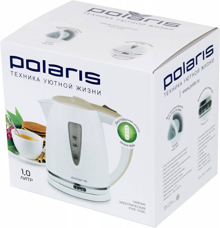 Чайник электрический Polaris PWK1038C 1л. 1200Вт белый/бежевый (корпус: пластик)