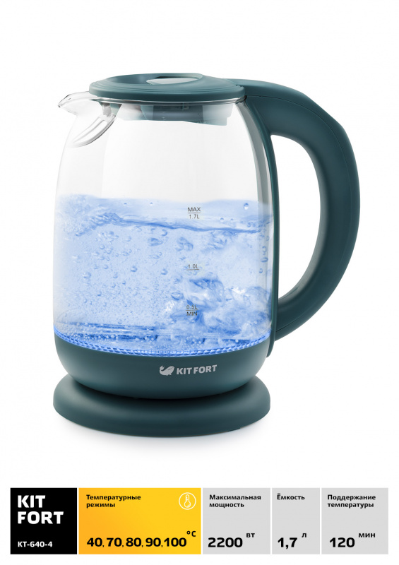 Чайник электрический Kitfort КТ-640-4 1.7л. 2200Вт изумрудный (корпус: пластик/стекло)