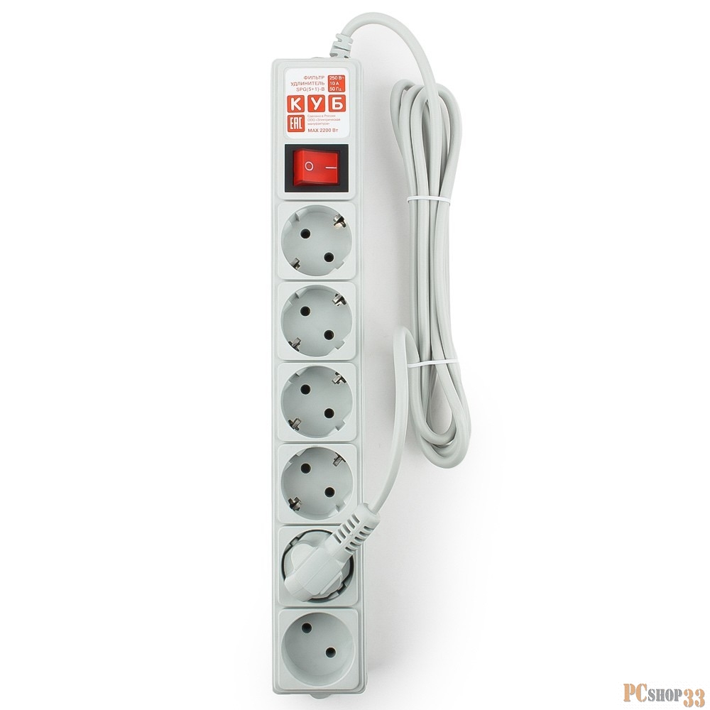 Фильтр-удлинитель Power Cube 3,0 м 6 розеток (серый) 10А/2,2кВт