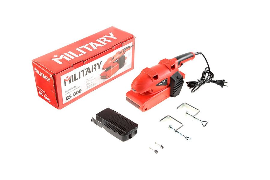 Шлифовальные машины MILITARY BS600 Шлиф. машинка ленточная 403853 { 600Вт, 170-250м/мин, 457х75мм, струбцины (2шт.) }